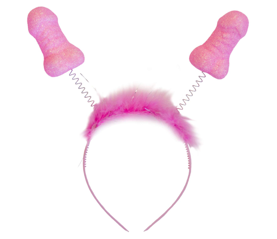Lustiger rosa JGA-Kopfschmuck in Penisform mit Glitzer und Plüsch für Junggesellinnenabschied