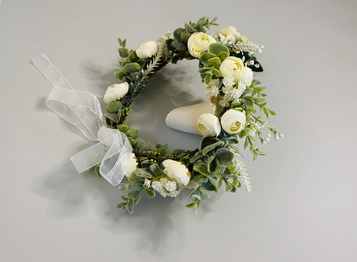Blumenkranz BK25 mit getrockneten Blüten – romantischer Kopfschmuck für elegante Hochzeitsfotografie