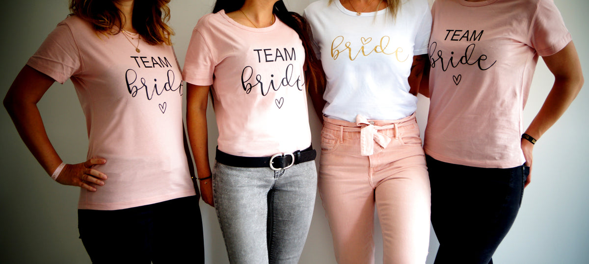 JGA T-Shirts Set Bride & Team Bride in Weiß und Rosa für Junggesellinnenabschied und Bachelorette Party